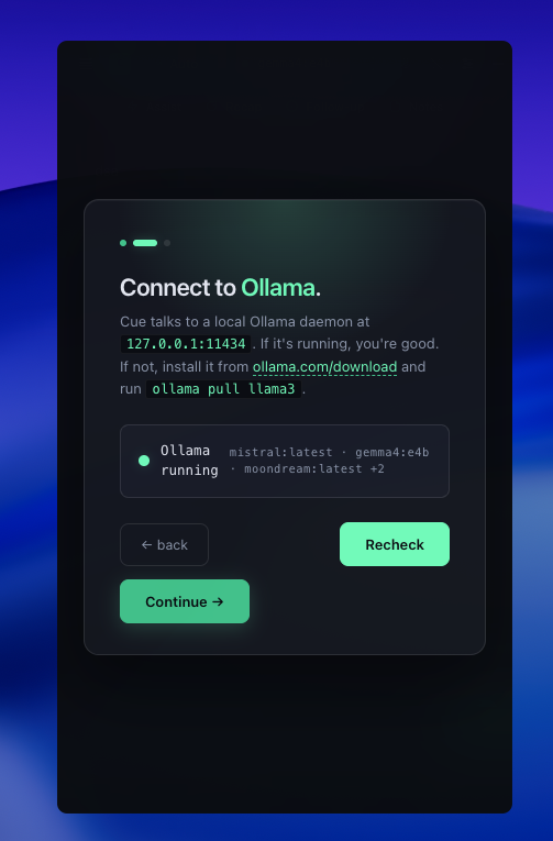 Ollama connection check showing live model list