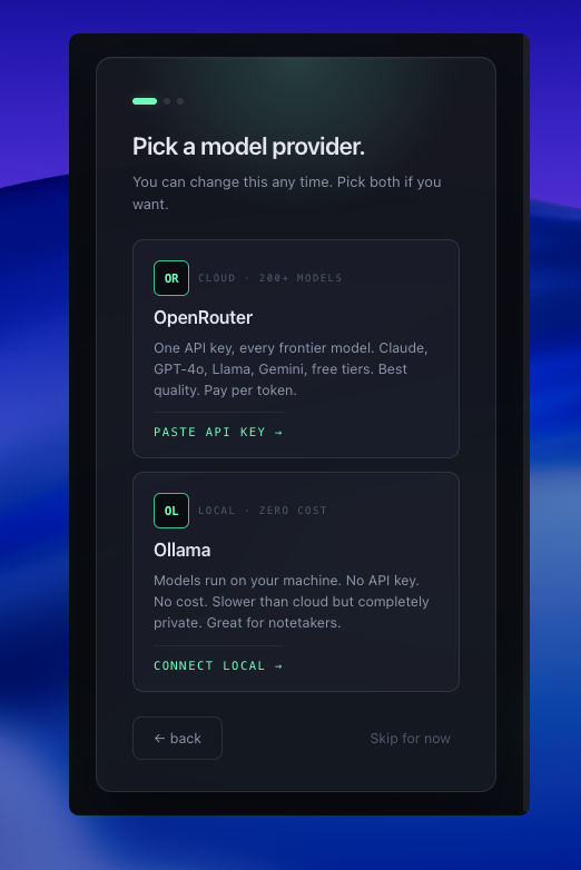 Pick provider step — OpenRouter or Ollama