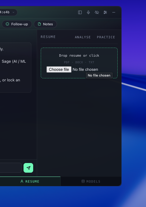 Resume upload pane with Analyse + Practice