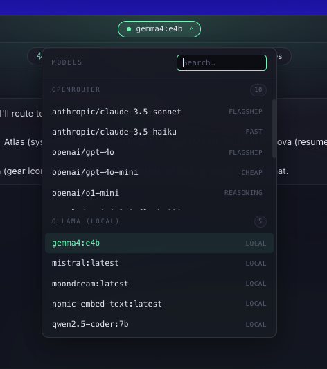 Model picker grouping OpenRouter + Ollama