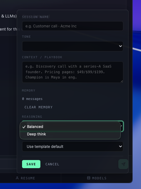 Per-session settings popover
